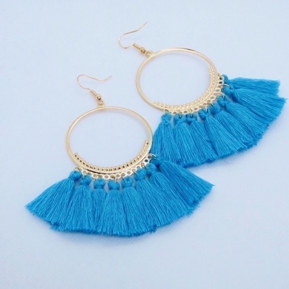 BRIGHT BLUE BOHO CHIC SILK TASSLE HOOPS! - Picture 2 of 3